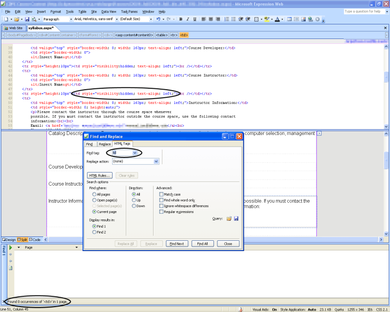 Expression Web HTML Tag Finder
