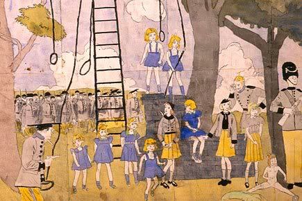 A Henry Darger picture. Hard to explain, they're sort of chaotic, but a bunch of little girls are standing around and there are some guys in what look like soldier's uniforms, and some nooses. It looks like some of the girls saved the rest of the girls from being hung by the soldiers. All the girls are wearing jumpers or dresses or skirts, except one girl who is naked, and is sitting on the ground to the side.