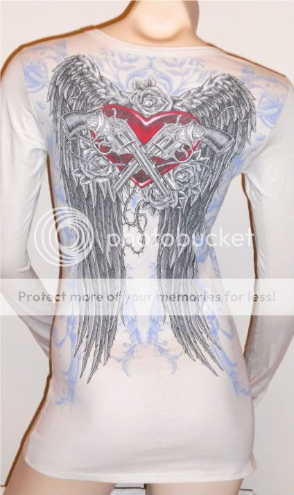 CRYSTAL GUNS HEART ANGEL WINGS TATTOO L/S T SHIRT TOP S M L XL